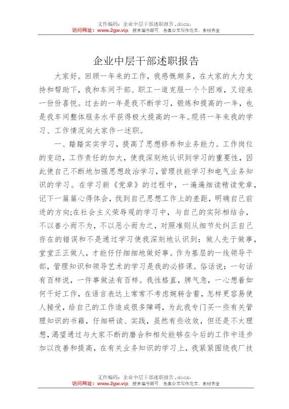 企业中层干部述职报告