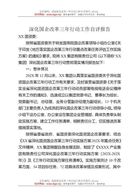 深化国企改革三年行动工作自评报告