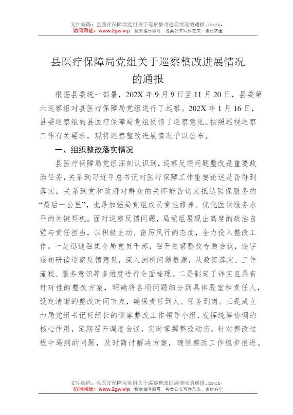 县医疗保障局党组关于巡察整改进展情况的通报