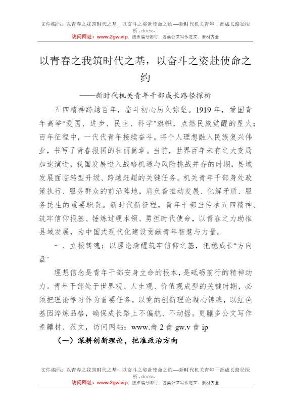 以青春之我筑时代之基，以奋斗之姿赴使命之约——新时代机关青年干部成长路径探析