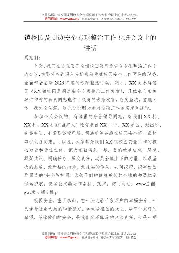 镇校园及周边安全专项整治工作专班会议上的讲话