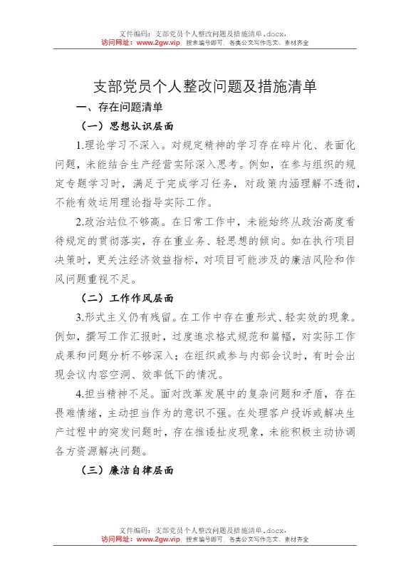 支部党员个人整改问题及措施清单