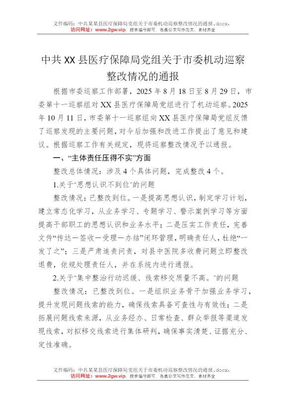 中共某某县医疗保障局党组关于市委机动巡察整改情况的通报