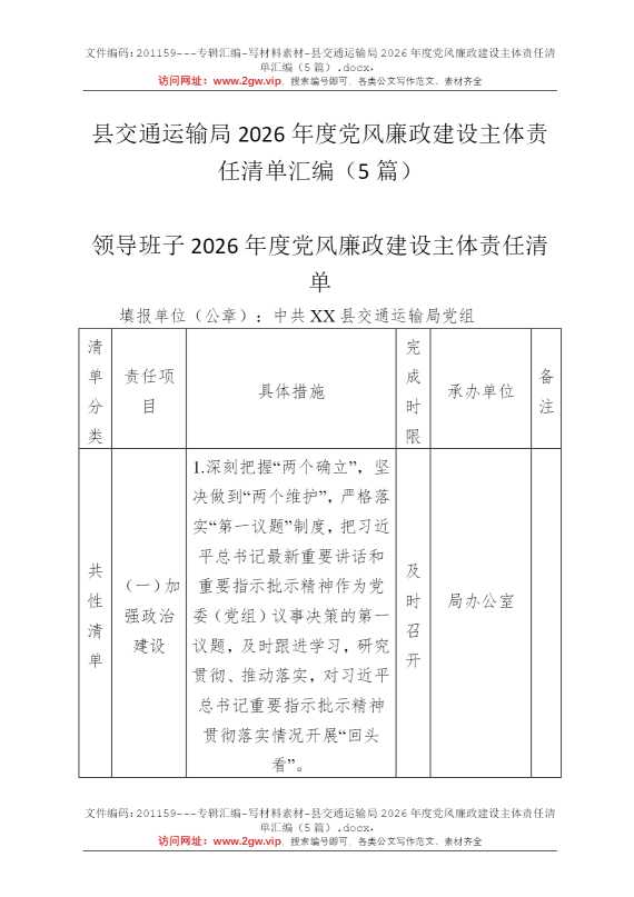 县交通运输局2026年度党风廉政建设主体责任清单汇编（5篇）