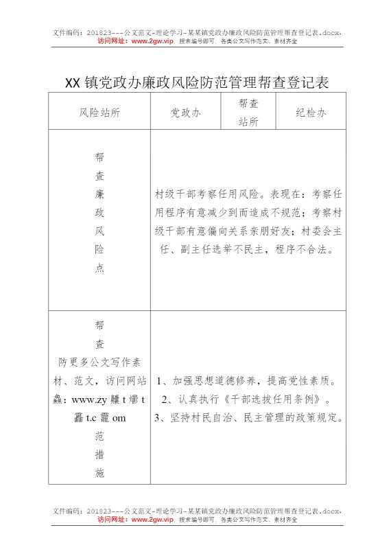 某某镇党政办廉政风险防范管理帮查登记表
