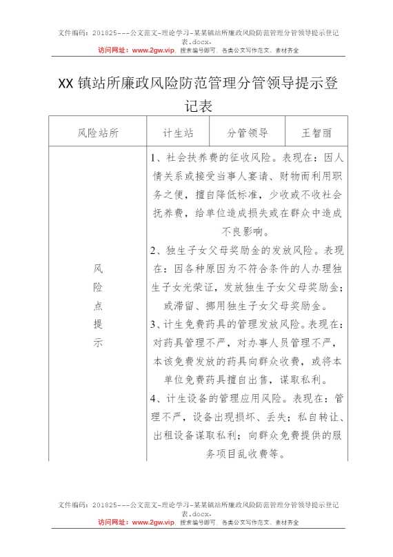 某某镇站所廉政风险防范管理分管领导提示登记表