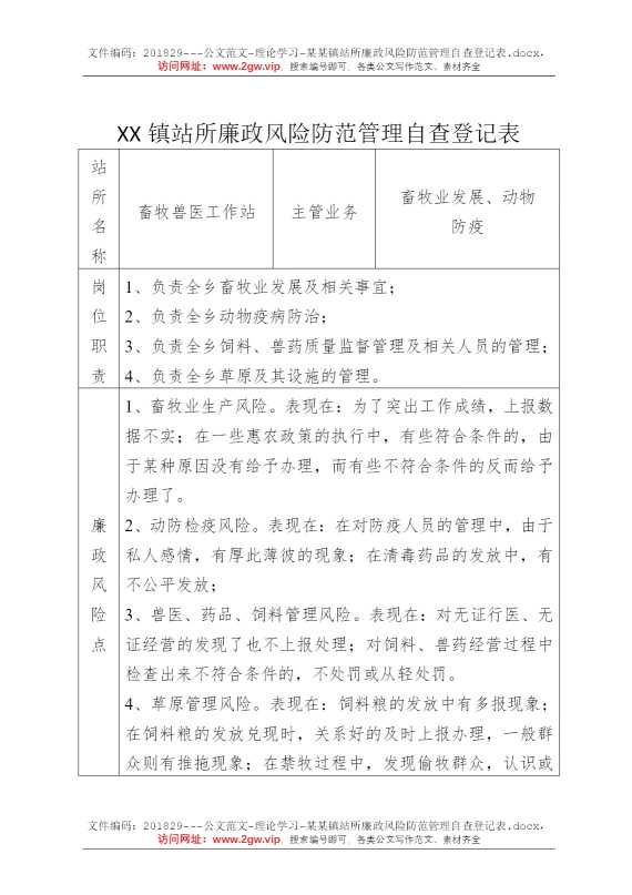 某某镇站所廉政风险防范管理自查登记表