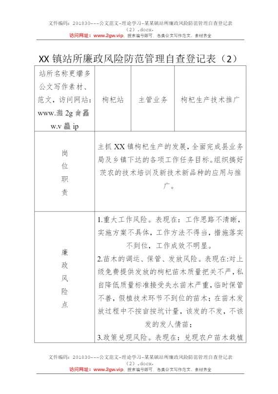 某某镇站所廉政风险防范管理自查登记表（2）