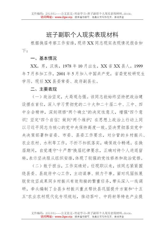 班子副职个人现实表现材料