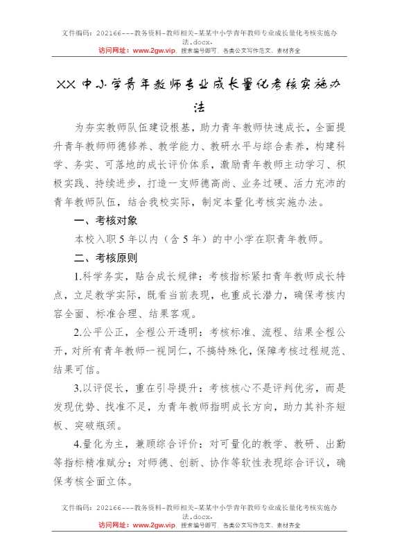 某某中小学青年教师专业成长量化考核实施办法