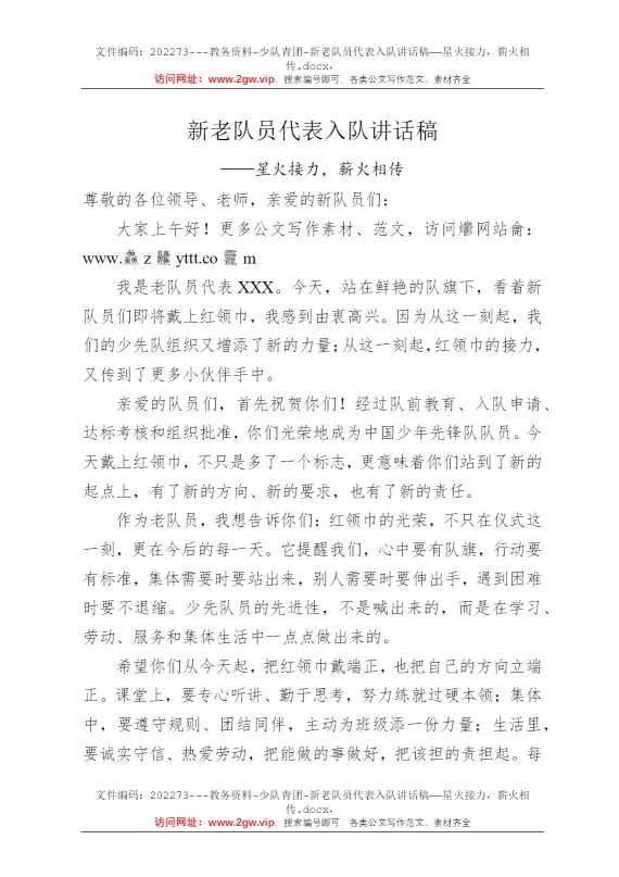 新老队员代表入队讲话稿——星火接力，薪火相传