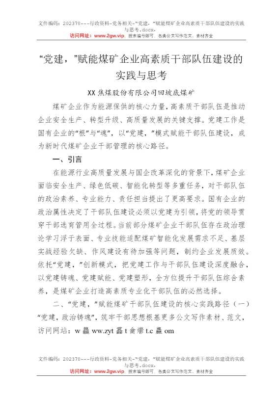 “党建，”赋能煤矿企业高素质干部队伍建设的实践与思考
