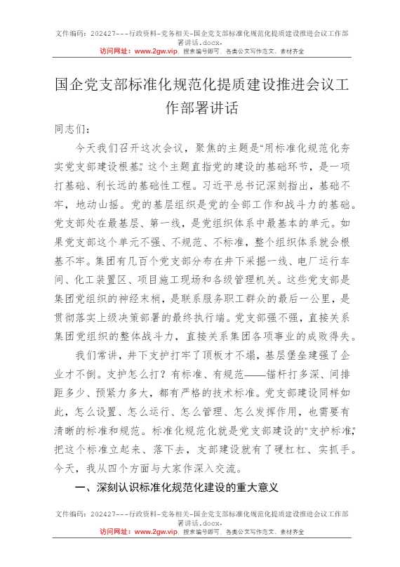 国企党支部标准化规范化提质建设推进会议工作部署讲话
