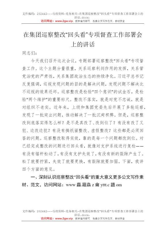 在集团巡察整改“回头看”专项督查工作部署会上的讲话