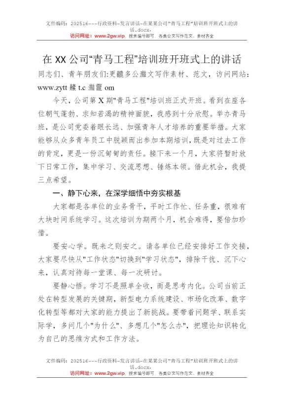 在某某公司“青马工程”培训班开班式上的讲话