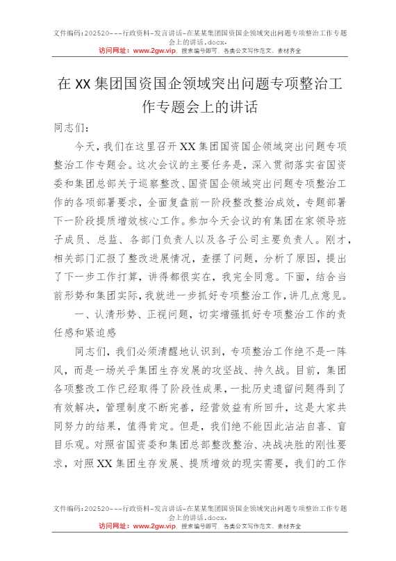 在某某集团国资国企领域突出问题专项整治工作专题会上的讲话