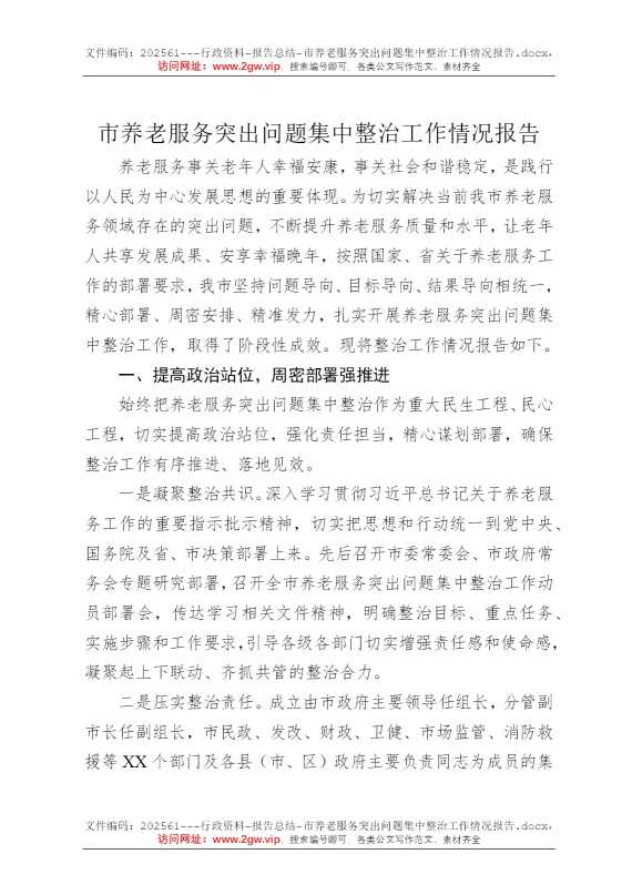 市养老服务突出问题集中整治工作情况报告