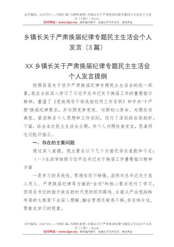 乡镇长关于严肃换届纪律专题民主生活会个人发言（3篇）