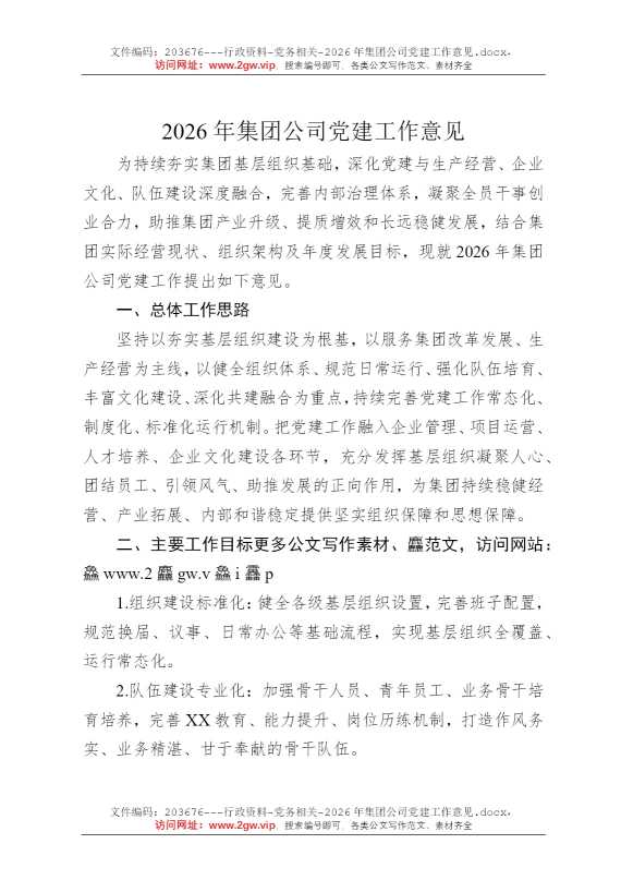 2026年集团公司党建工作意见