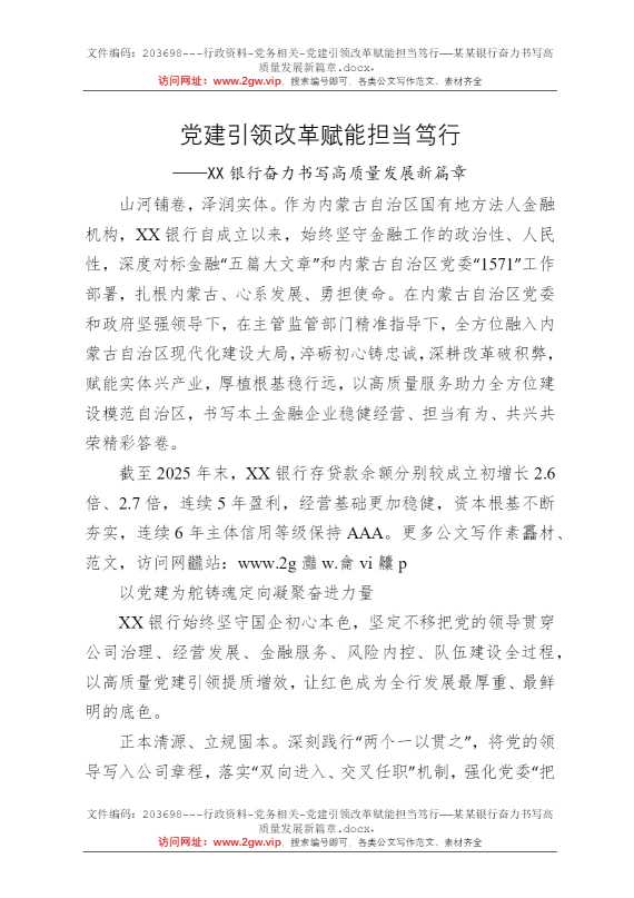 党建引领改革赋能担当笃行——某某银行奋力书写高质量发展新篇章