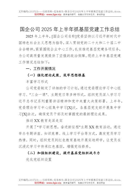 国企公司2025年上半年抓基层党建工作总结