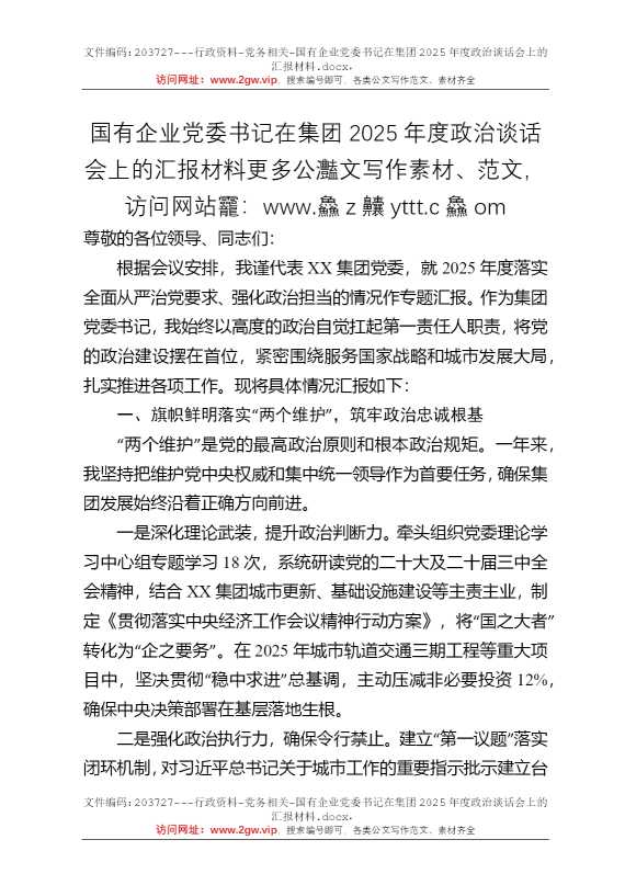 国有企业党委书记在集团2025年度政治谈话会上的汇报材料