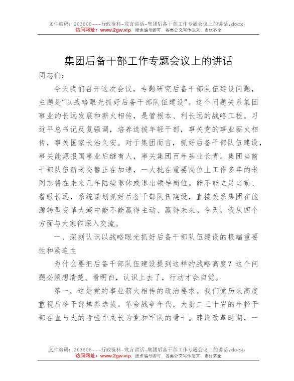 集团后备干部工作专题会议上的讲话
