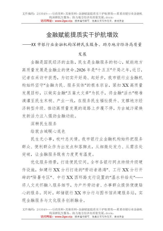 金融赋能提质实干护航增效——某某市银行业金融机构深耕民生服务、助力地方经济高质量发展