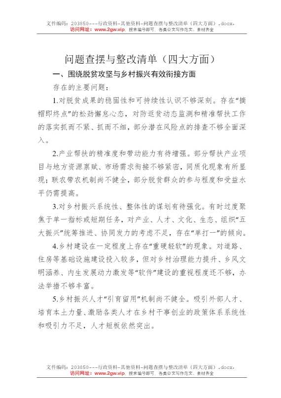 问题查摆与整改清单（四大方面）