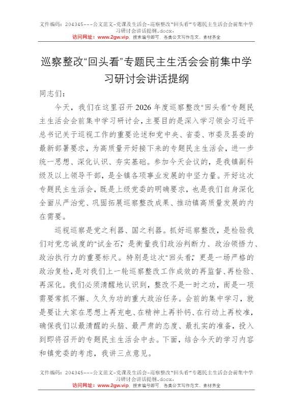 巡察整改“回头看”专题民主生活会会前集中学习研讨会讲话提纲