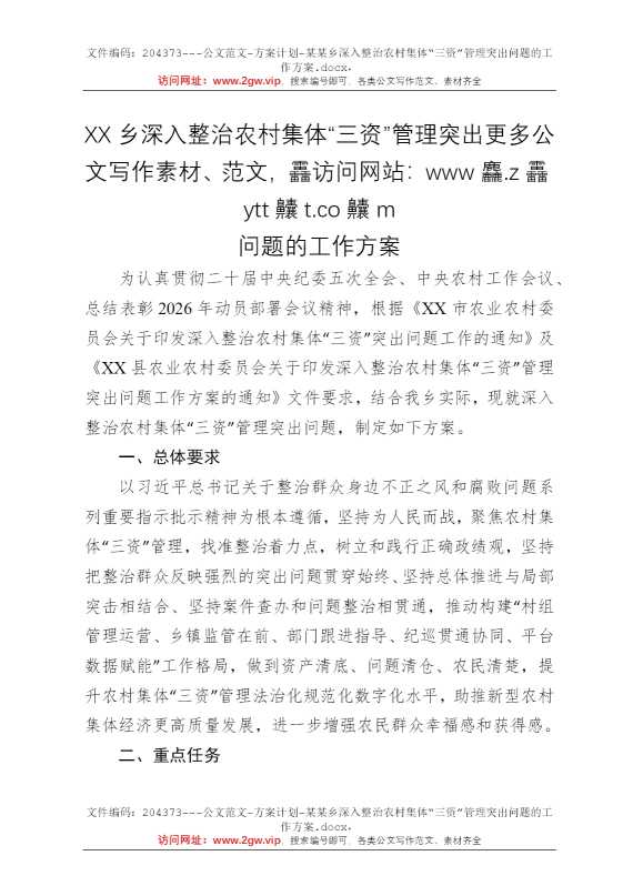某某乡深入整治农村集体“三资”管理突出问题的工作方案