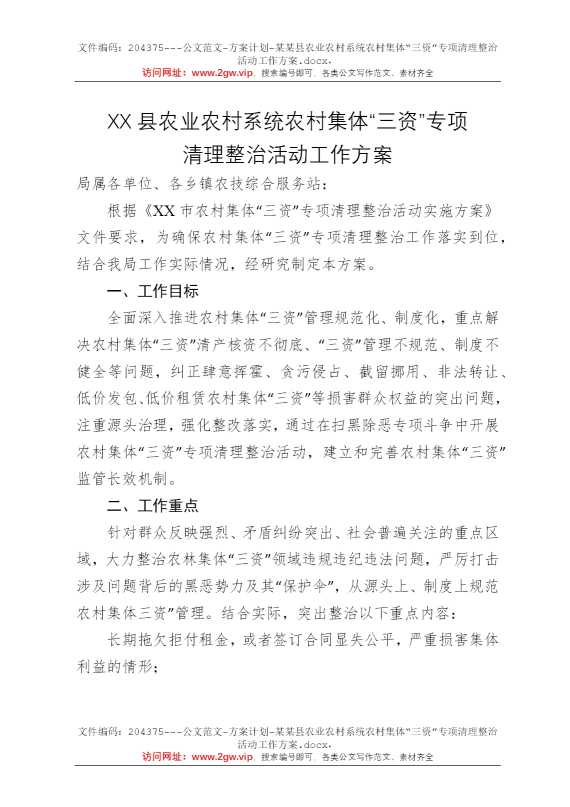 某某县农业农村系统农村集体“三资”专项清理整治活动工作方案