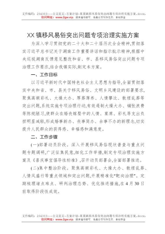 某某镇移风易俗突出问题专项治理实施方案