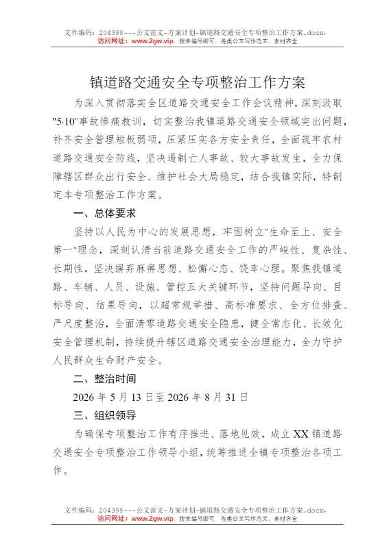 镇道路交通安全专项整治工作方案