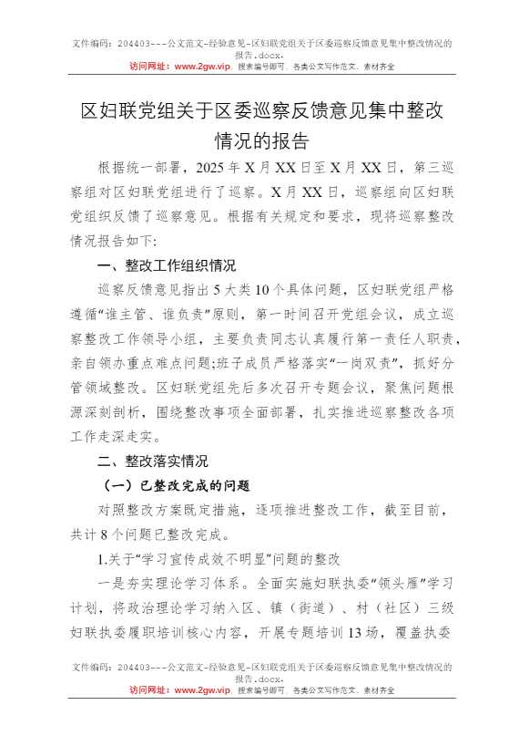 区妇联党组关于区委巡察反馈意见集中整改情况的报告