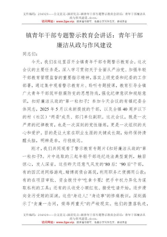 镇青年干部专题警示教育会讲话：青年干部廉洁从政与作风建设