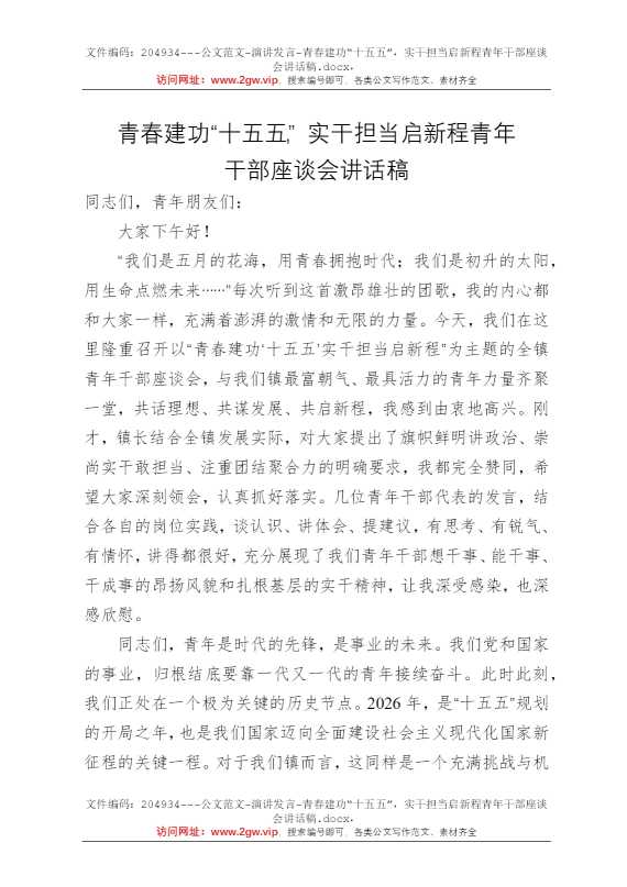 青春建功“十五五”，实干担当启新程青年干部座谈会讲话稿