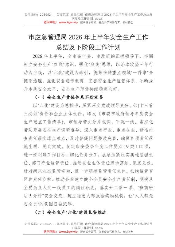市应急管理局2026年上半年安全生产工作总结及下阶段工作计划