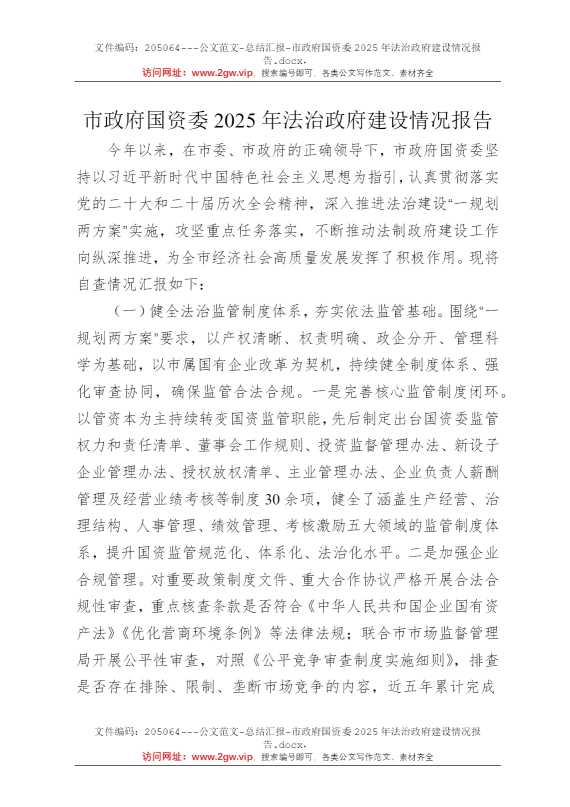 市政府国资委2025年法治政府建设情况报告