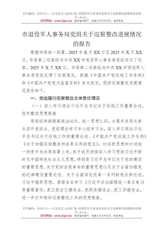 市退役军人事务局党组关于巡察整改进展情况的报告