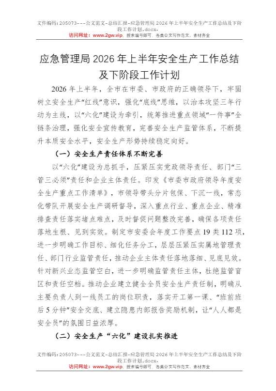 应急管理局2026年上半年安全生产工作总结及下阶段工作计划