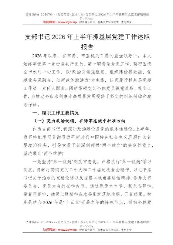 支部书记2026年上半年抓基层党建工作述职报告