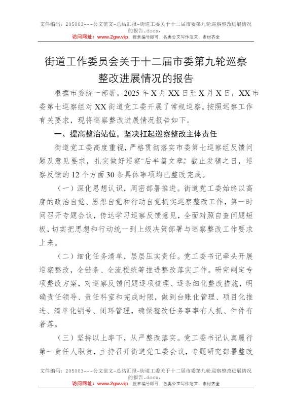 街道工委关于十二届市委第九轮巡察整改进展情况的报告