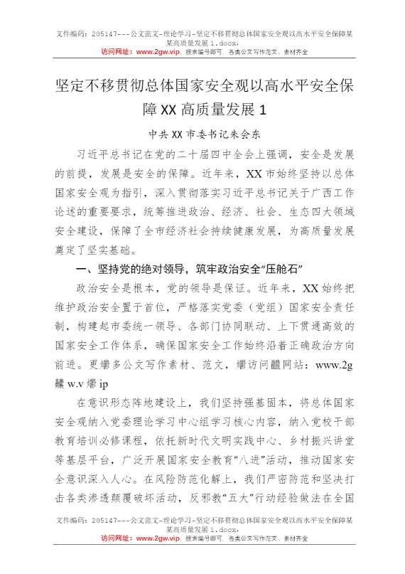 坚定不移贯彻总体国家安全观以高水平安全保障某某高质量发展1