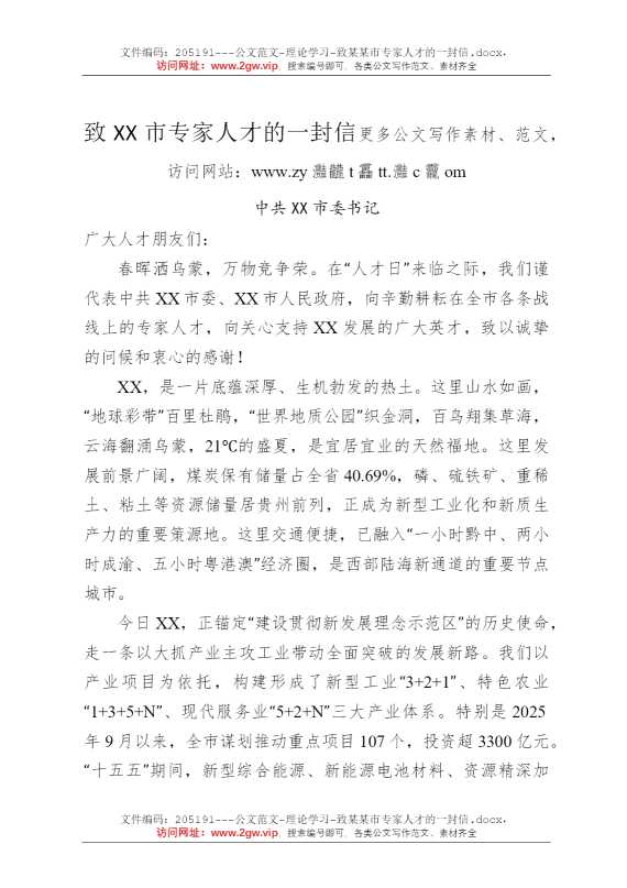 致某某市专家人才的一封信