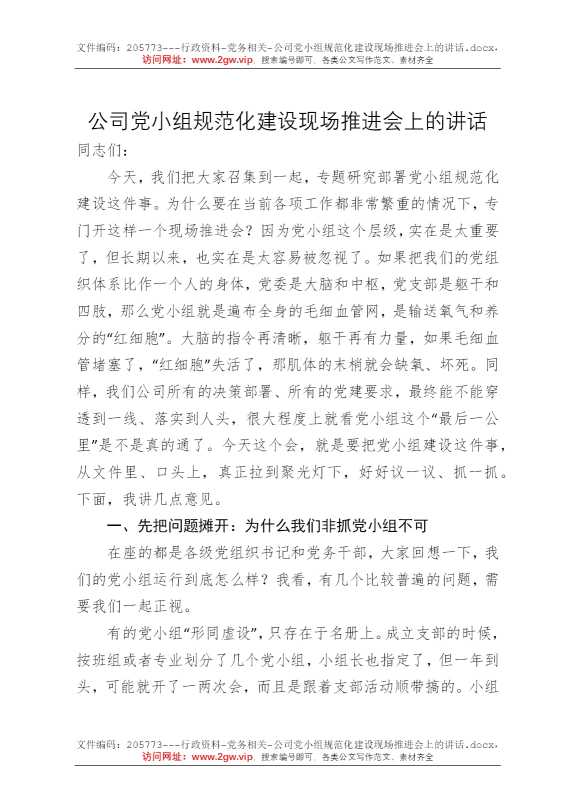公司党小组规范化建设现场推进会上的讲话