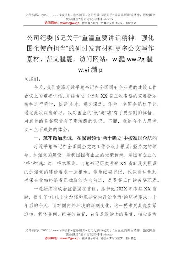 公司纪委书记关于“重温重要讲话精神，强化国企使命担当”的研讨发言材料