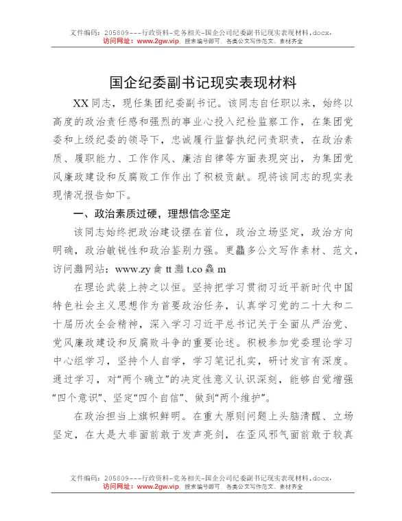 国企公司纪委副书记现实表现材料