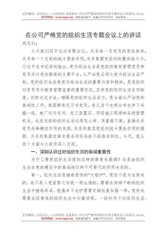 在公司严格党的组织生活专题会议上的讲话