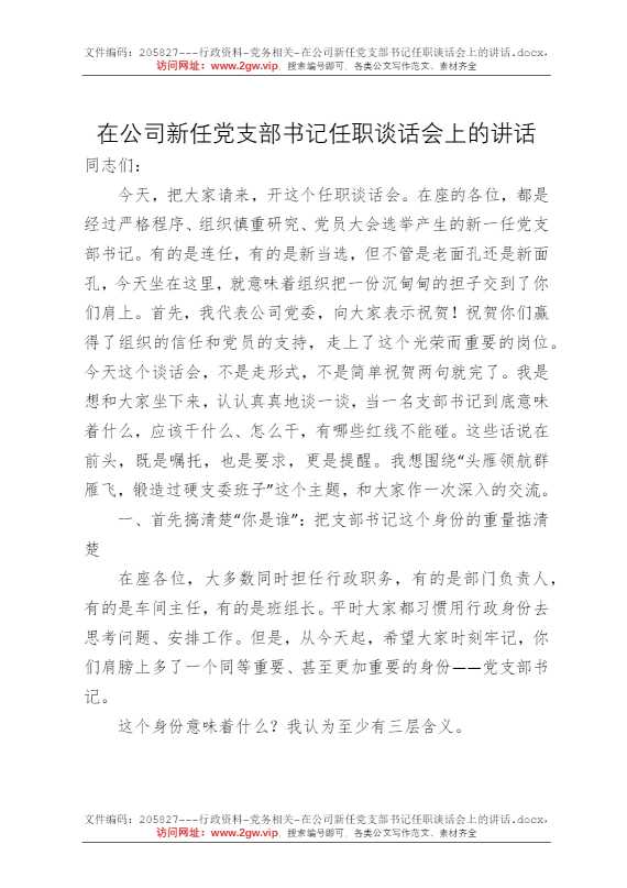 在公司新任党支部书记任职谈话会上的讲话